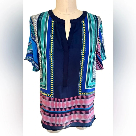 NWT Scarf Print Short-Sleeve Blouse by Fun 2 Fun navy pink teal satin Stitchfix - Picture 1 of 14